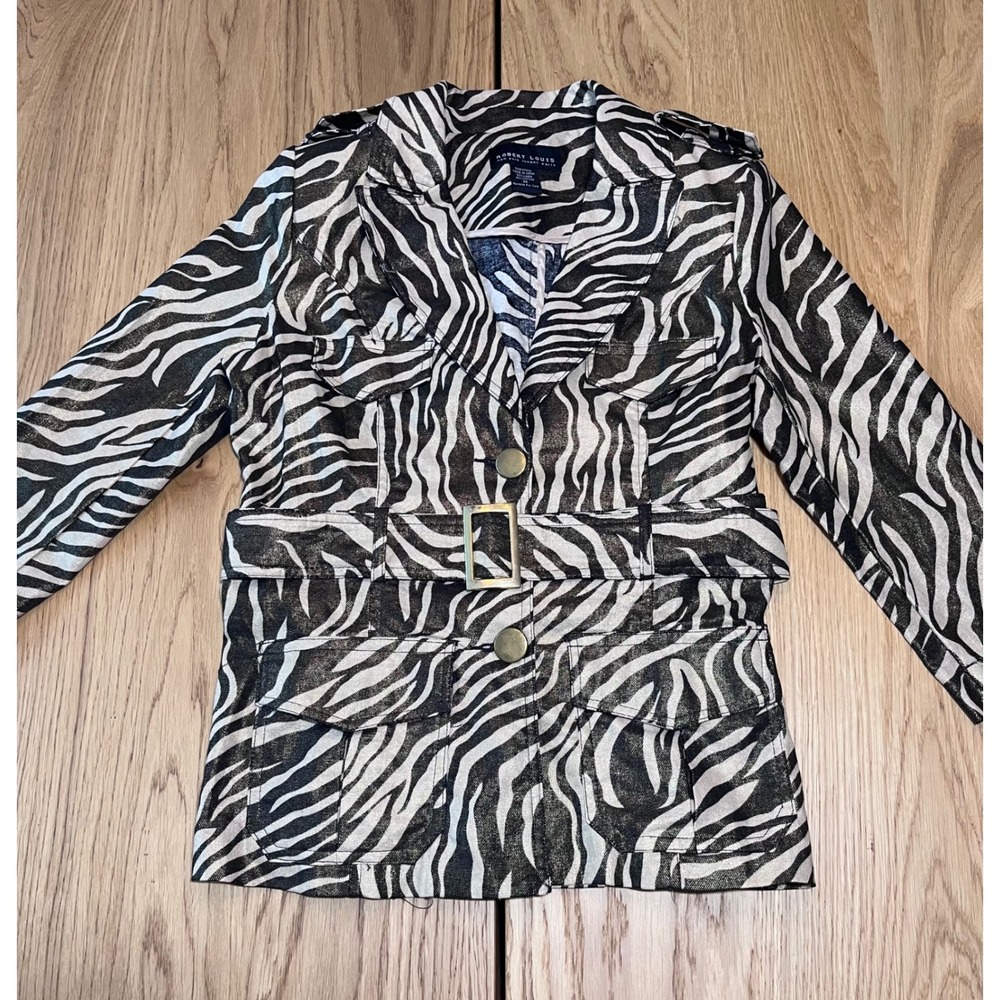 Robert Louis Zebra Print Safari Jacket Womens Size M Black White Metallic Chic